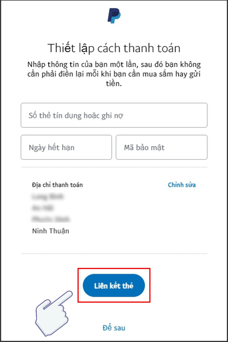 Nhập thông tin thiết lập thanh toán của bạn về thẻ tín dụng để thanh toán