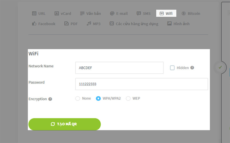 Nhập thông tin wifi để tạo mã QR