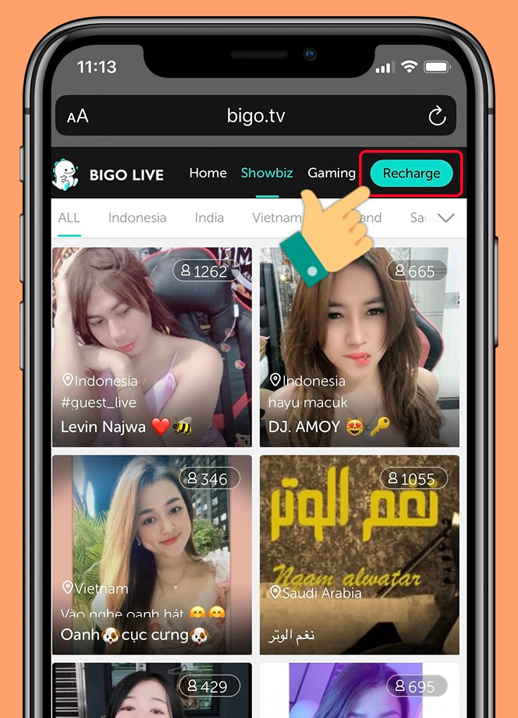 Nút Recharge trên trang chủ Bigo Live