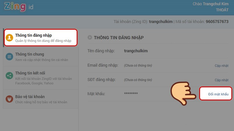 Ở phần Thông tin đăng nhập, chọn Đổi mật khẩu