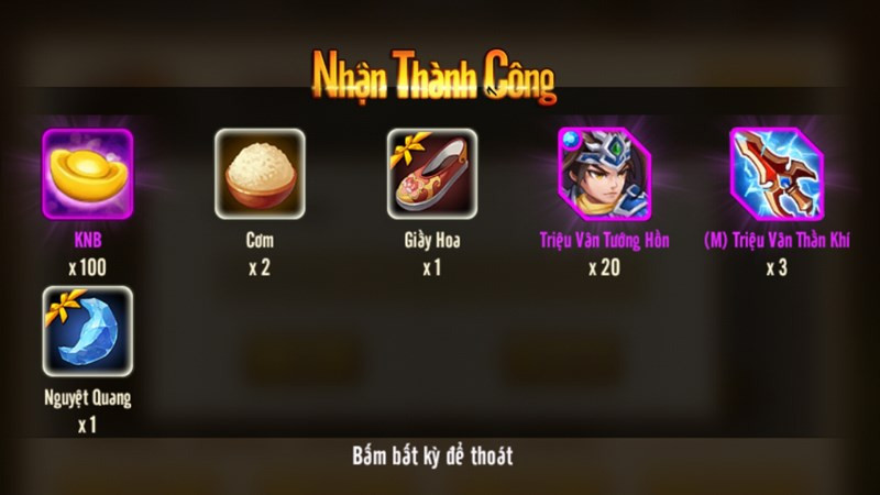 Quà tặng của game sau khi nhập code thành công