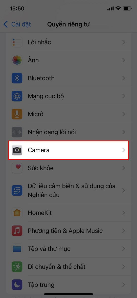 Sau đó chọn vào Camera.