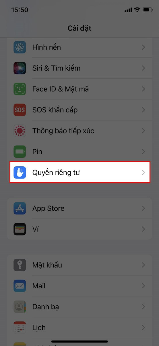 Tại đây bạn hãy chọn vào Quyền riêng tư.