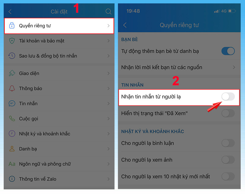 Tại mục Nhận tin nhắn từ người lạ, chạm v&agrave;o biểu tượng chấm tr&ograve;n để chuyển sang m&agrave;u x&aacute;m