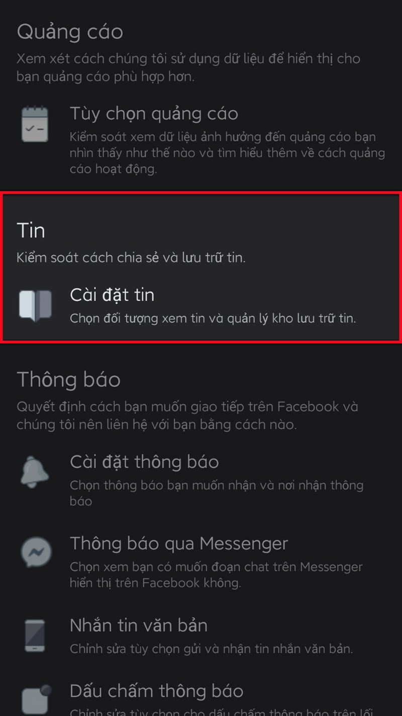 Tại mục Tin, chọn Cài đặt tin