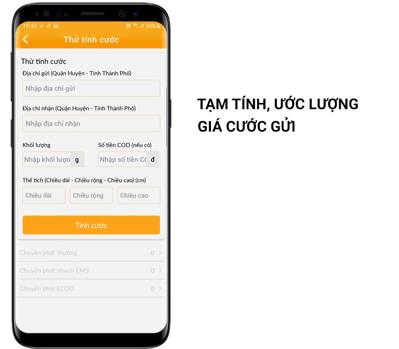 Tạm t&iacute;nh, ước lượng trước gi&aacute; cước gửi