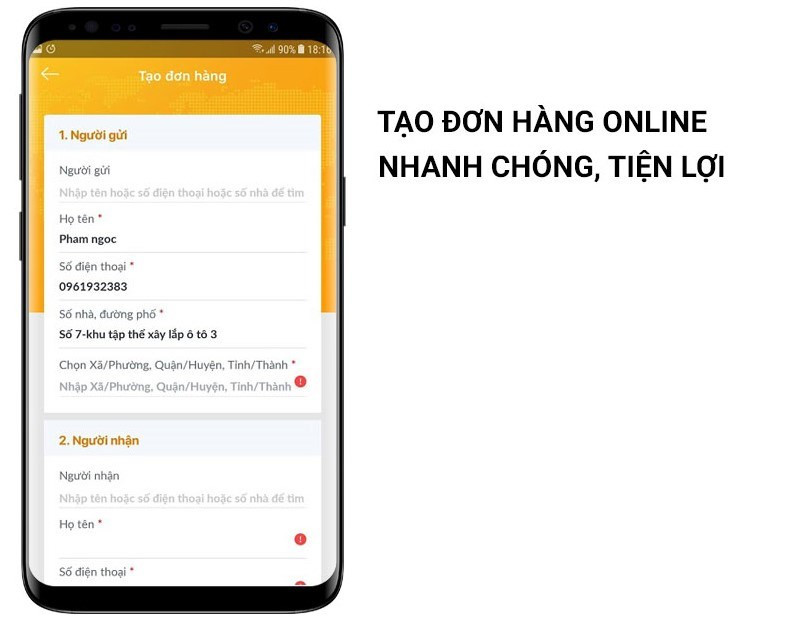 Tạo đơn h&agrave;ng online nhanh ch&oacute;ng, c&oacute; thể t&ugrave;y chọn gửi h&agrave;ng tại nh&agrave; hoặc tại bưu cục