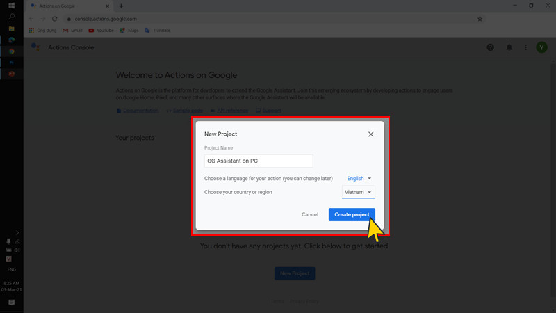 Tạo dự án trên Actions on Google Console