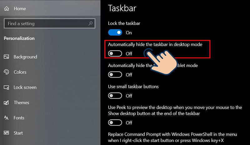 Tắt Automatically hide the taskbar in desktop mode