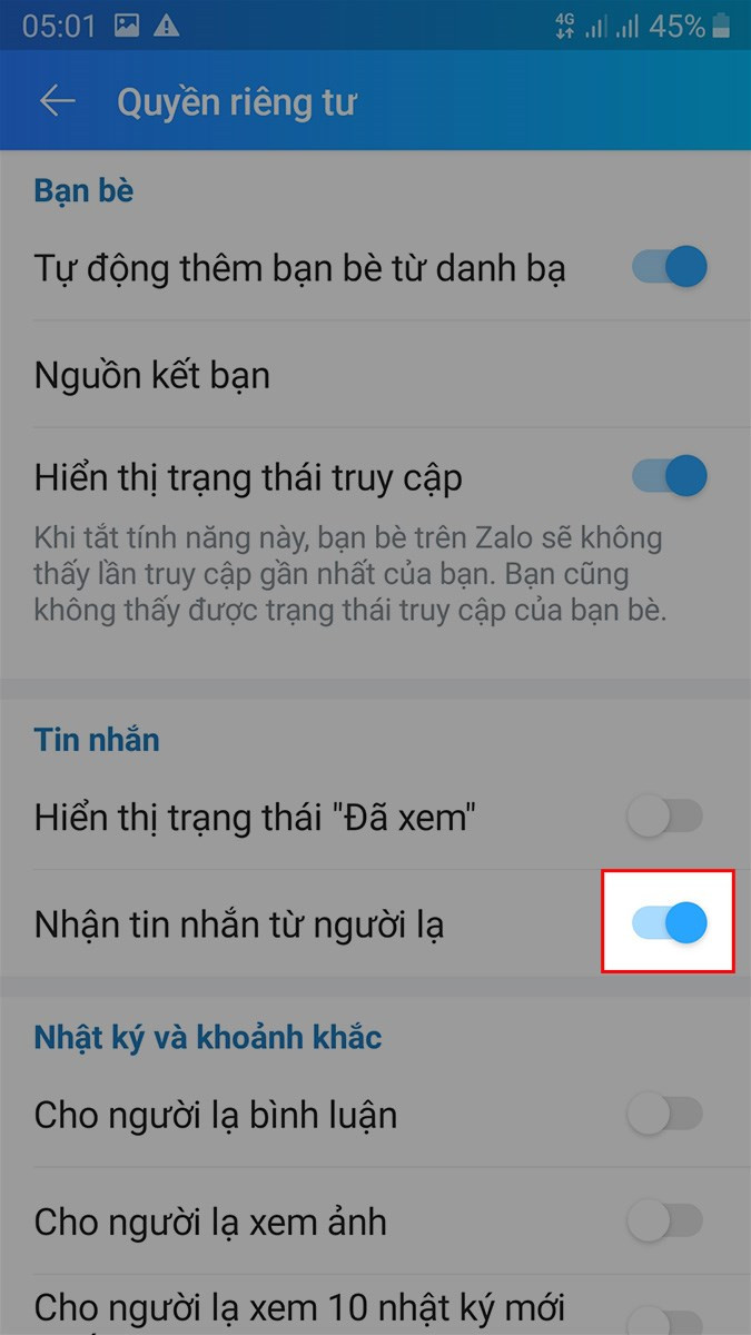 Tắt nhận tin nhắn từ người lạ