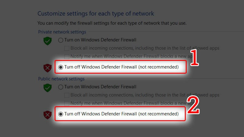 Tắt Windows Defender Firewall