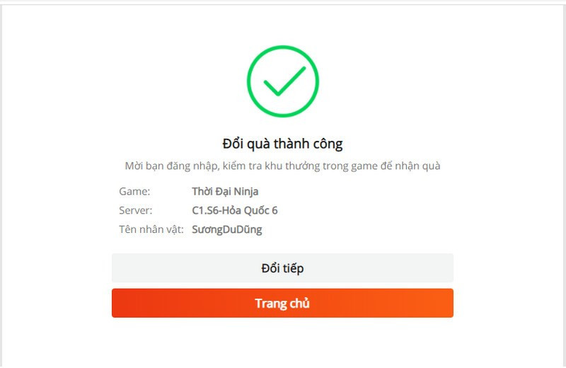 Thông báo đổi code thành công.