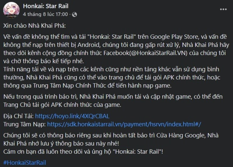 Thông báo từ NPH về việc gỡ bỏ Honkai: Star Rail khỏi CH Play