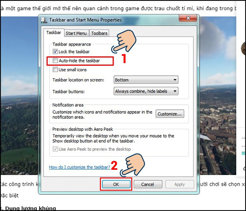 Tích chọn Auto-hide the taskbar và nhấn OK