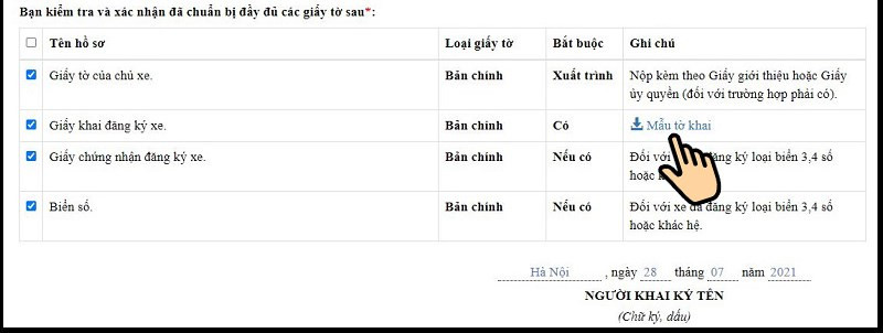 Tích xác nhận từng loại giấy tờ đã chuẩn bị