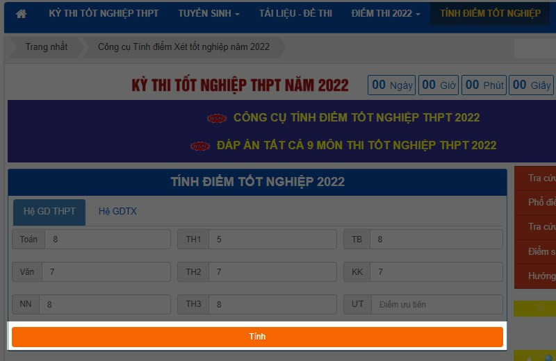 Tính điểm thi tốt nghiệp THPT online