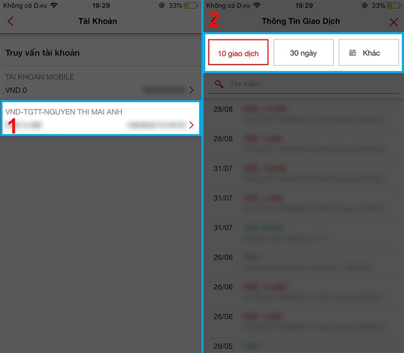 Tra cứu giao dịch trên Techcombank Mobile