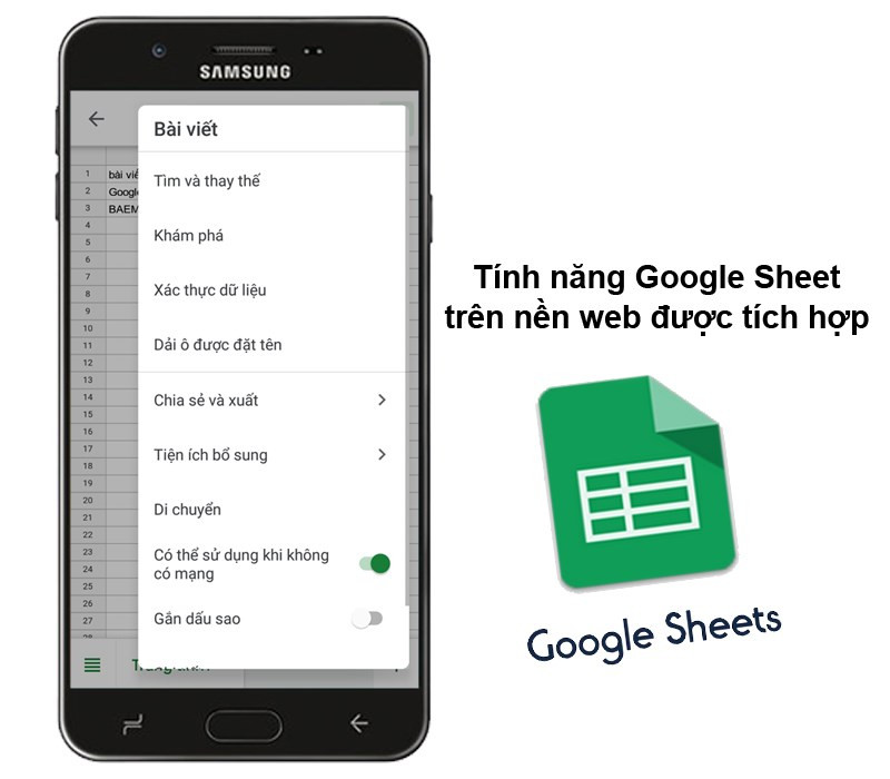 Trang tính được tích hợp các tính năng của Google Sheet trên Web