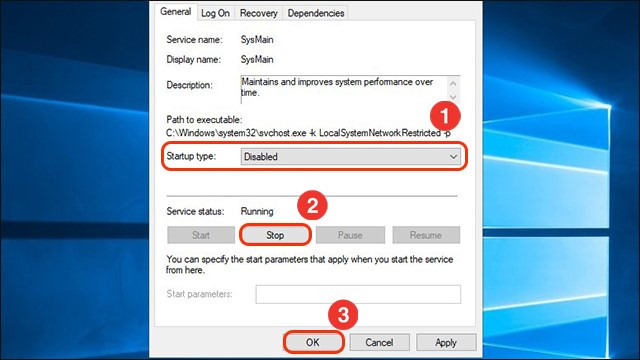 Trong mục Startup type bạn chọn Disabled, sau đó nhấn Stop, OK