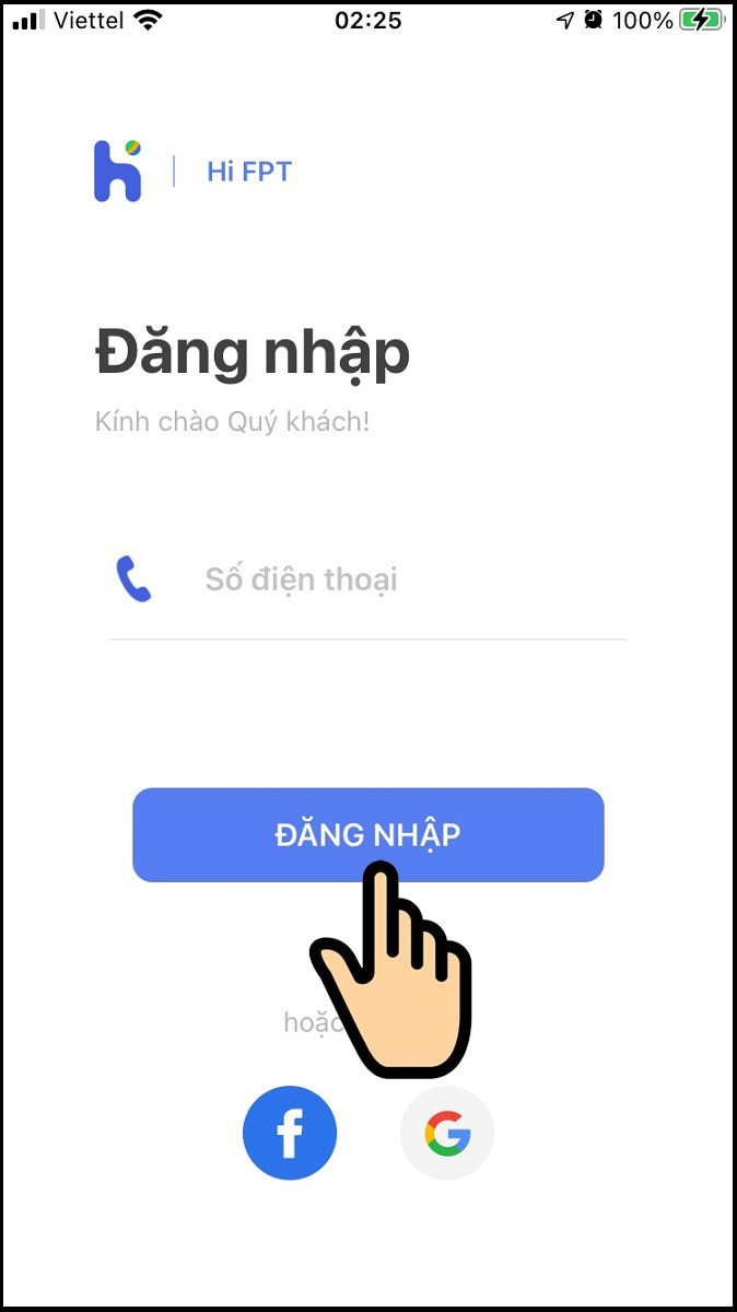 Truy cập app Hi FPT, điền Số điện thoại và bấm Đăng nhập