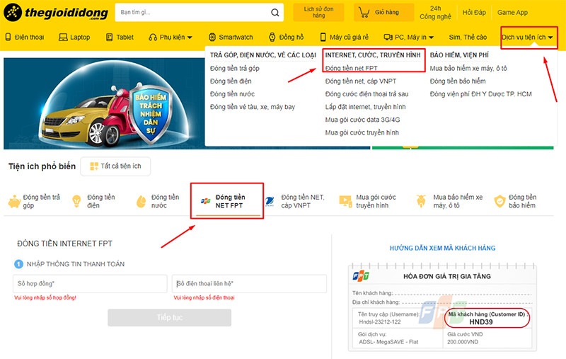 Truy cập trang đóng tiền net FPT trên Thế Giới Di Động