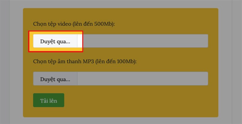 Truy cập trang web Add Audio to Video, tại mục Chọn tệp video, chọn Duyệt qua...&nbsp;