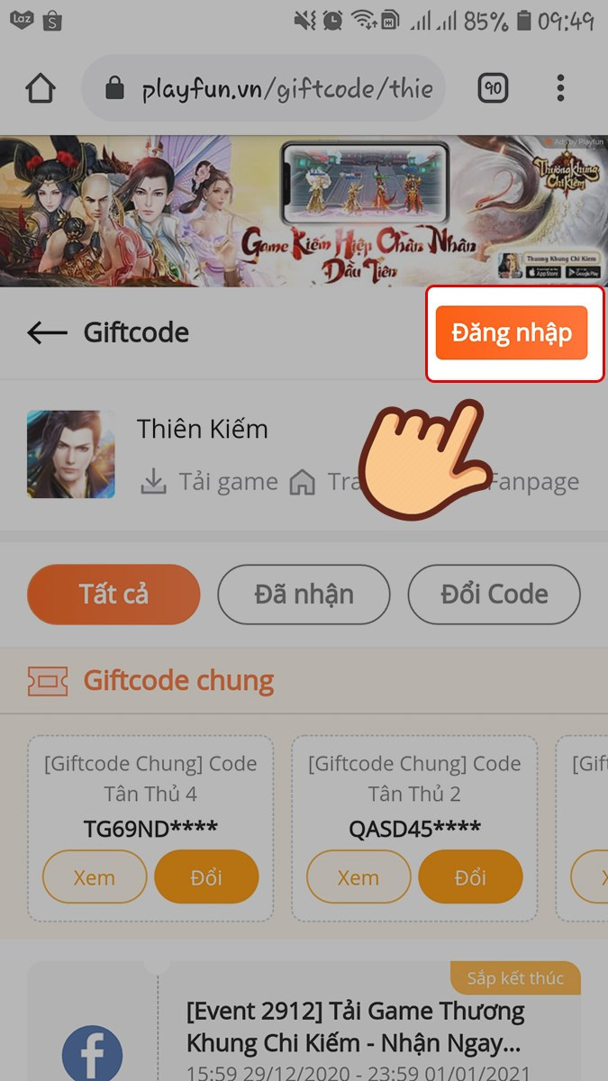 Truy cập trang web nhập code Thi&ecirc;n Kiếm, chọn Đăng nhập