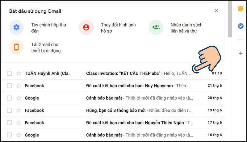 Truy cập vào Gmail cá nhân và kiểm tra thư, chọn Email “lời mời tham gia lớp học…”