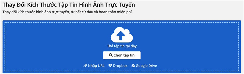 Truy cập vào //www.img2go.com/vi/resize-image &gt; Nhấn Chọn tập tin để tải ảnh lên. Bạn cũng có thể chọn ảnh từ Google Drive, Dropbox, kéo thả ảnh từ thư mục vào trang web hoặc nhập URL của ảnh