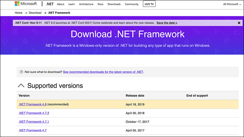 Truy cập v&agrave;o trang web để tải .NET Framework