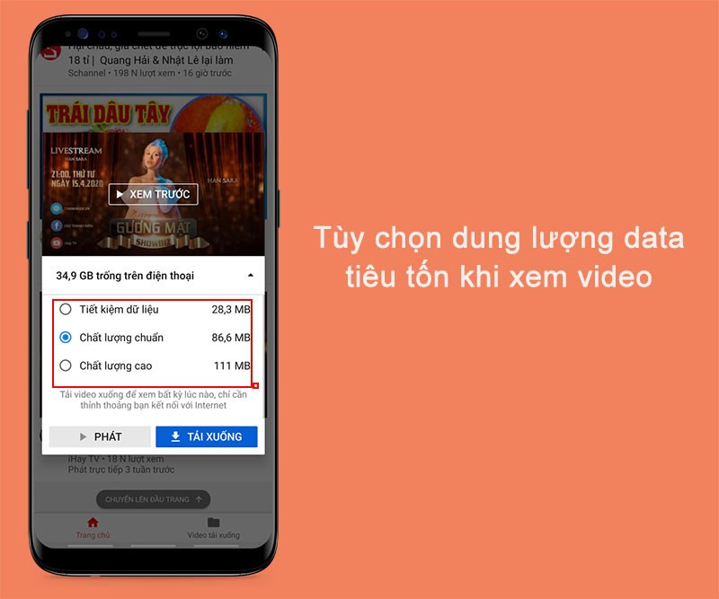 T&ugrave;y chọn dung lượng ti&ecirc;u tốn khi xem video tr&ecirc;n ứng dụng YouTube Go