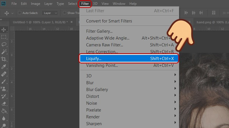 V&agrave;o menu Filter v&agrave; chọn Liquify