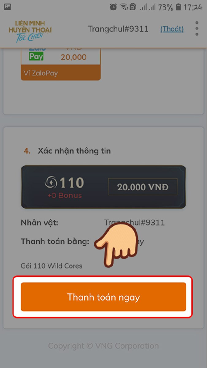 Xác nhận thông tin nạp thẻ và chọn Thanh toán ngay