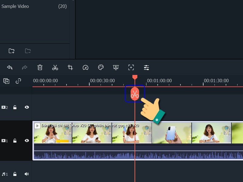 alt: Cắt video trong Filmora bằng cách sử dụng công cụ kéo