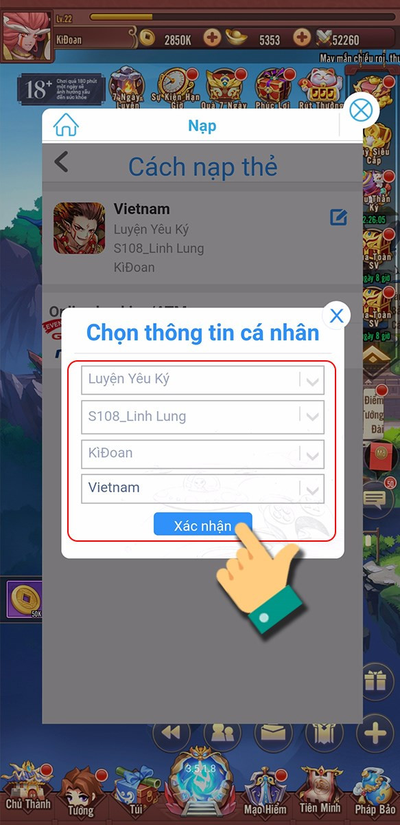 alt: Chọn Server, tên nhân vật và vùng