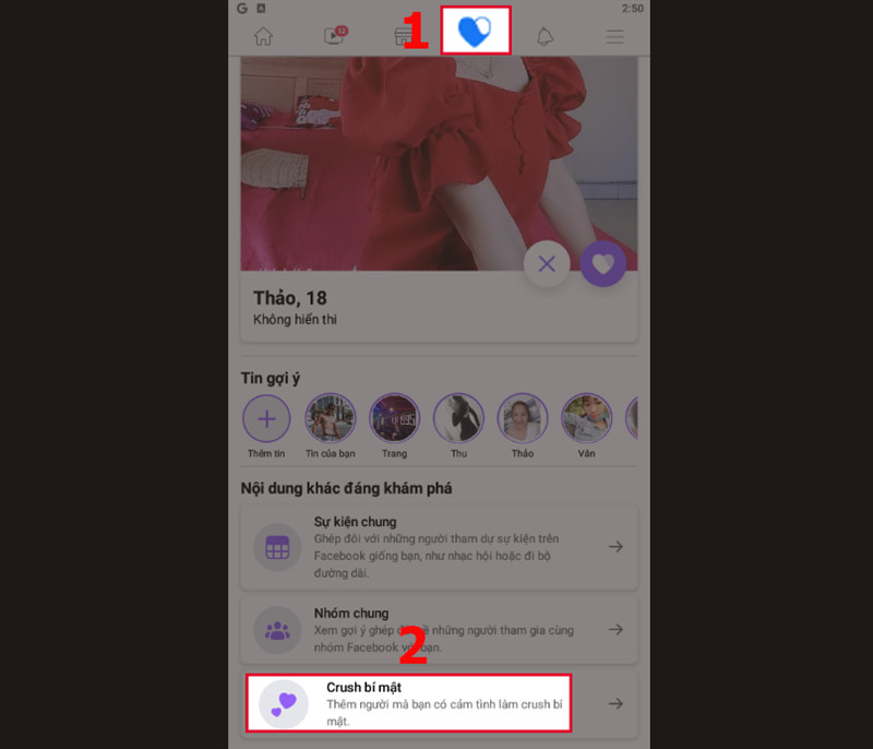 alt: Giao diện danh sách Crush Bí Mật trên Facebook