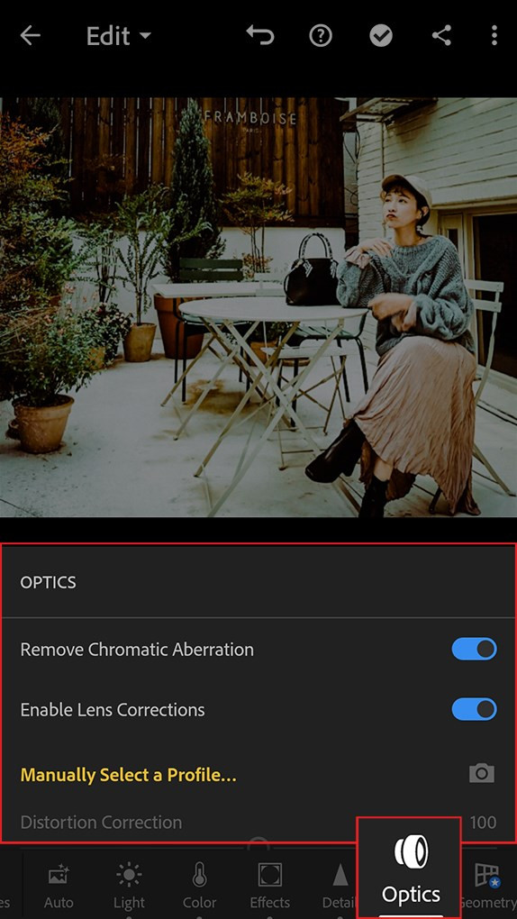 alt: Hiệu chỉnh quang học trong Lightroom Mobile