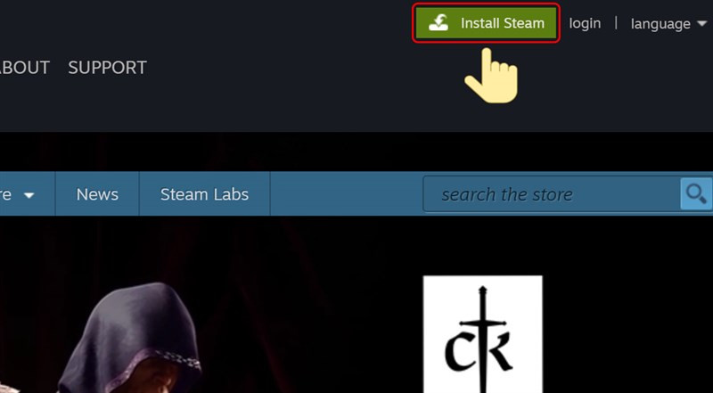 alt: Nút Install Steam trên trang chủ Steam