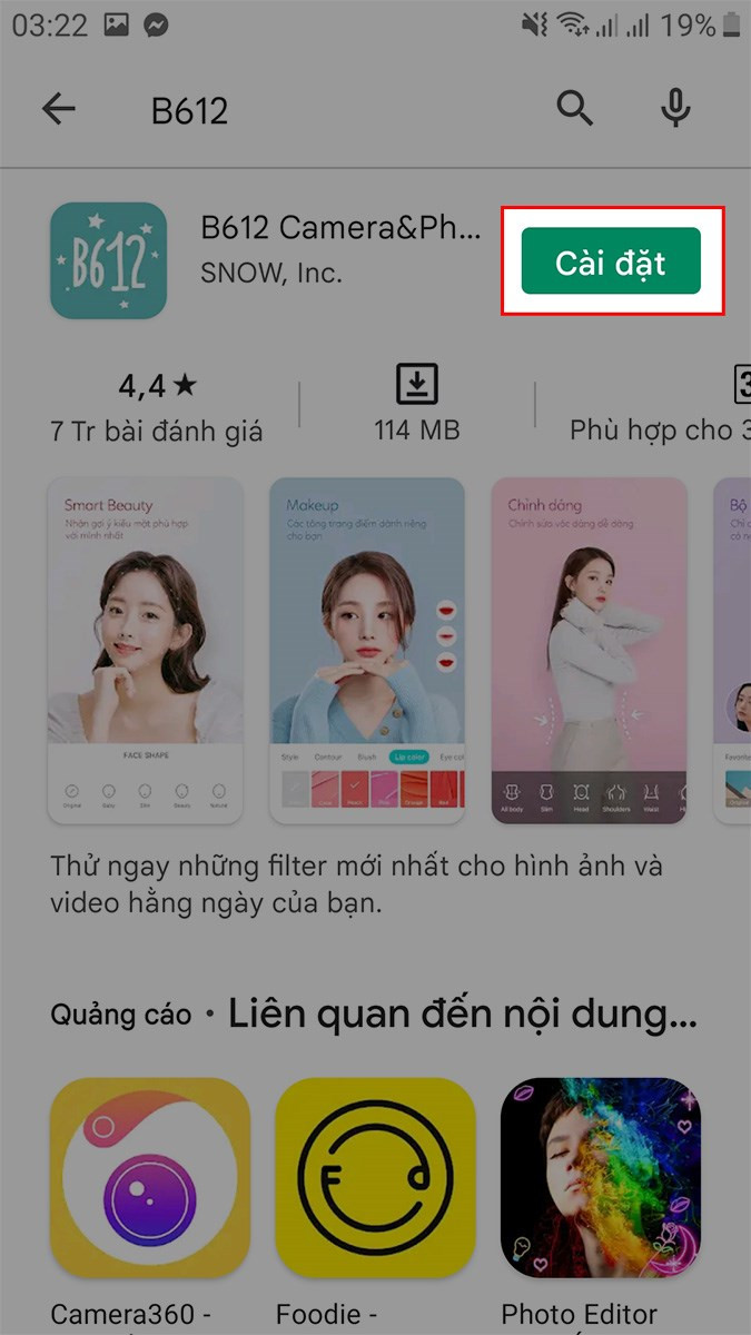 alt text: Cài đặt B612 trên CH Play