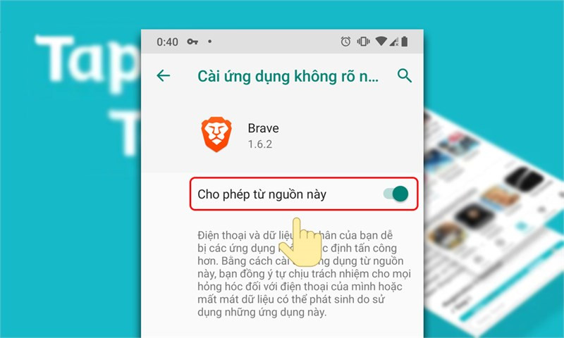 alt text: Cài đặt cho phép ứng dụng không rõ nguồn trên điện thoại Android.