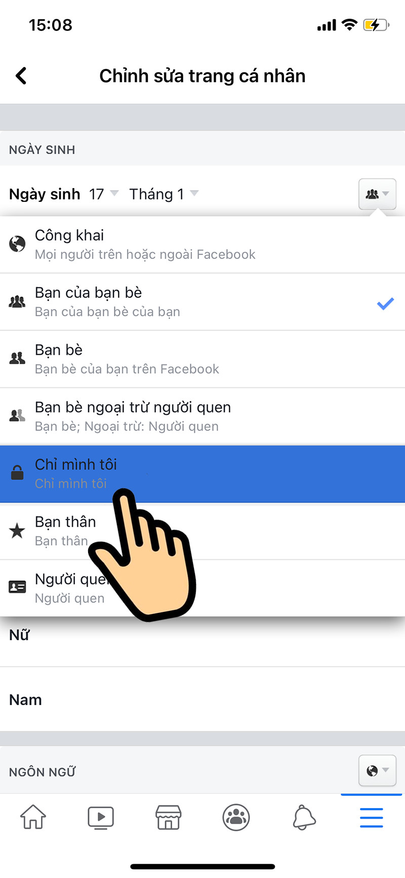 alt text: Chọn quyền riêng tư cho ngày sinh trên Facebook điện thoại