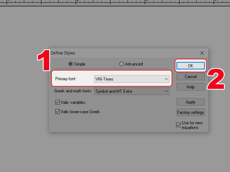 alt text: Cửa sổ Define Styles trong MathType với font chữ VNI-Times được chọn