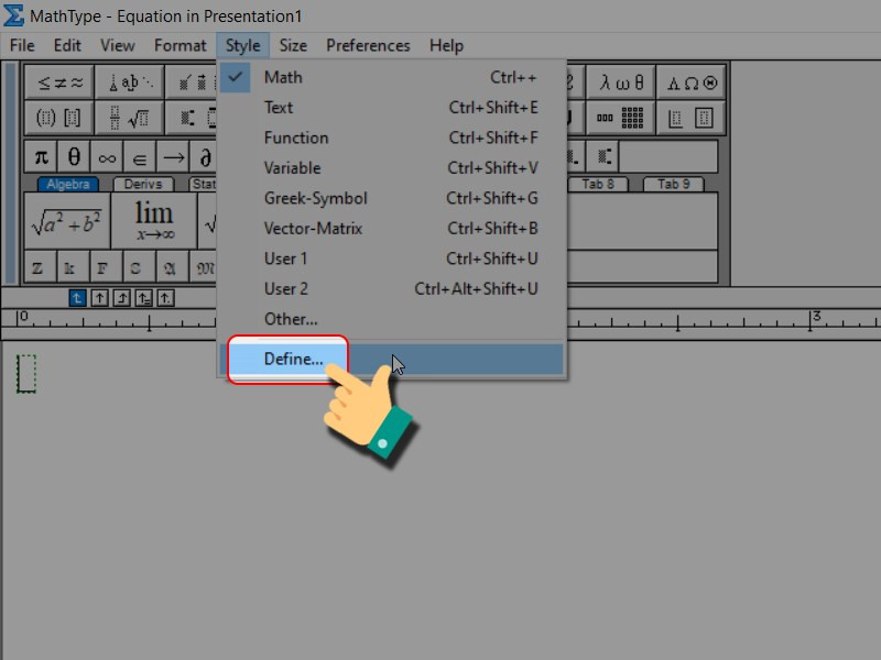 alt text: Cửa sổ Style trong MathType với Define được highlight