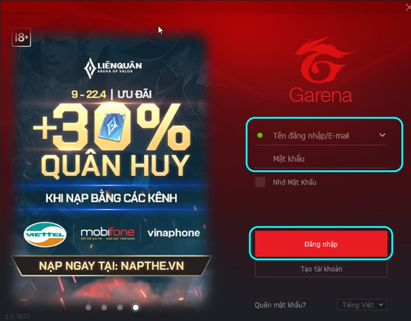 alt text: Đăng nhập Garena