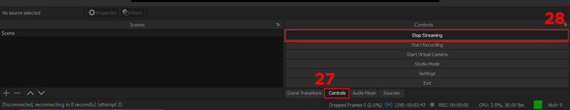 alt text: Dừng livestream trên OBS Studio