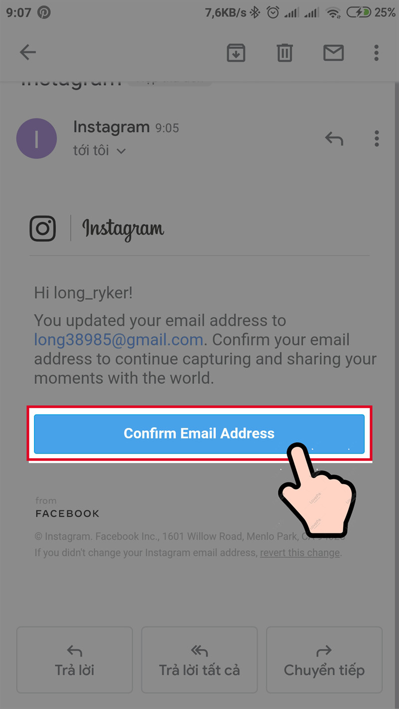 alt text: Email xác nhận thay đổi địa chỉ email trên Instagram