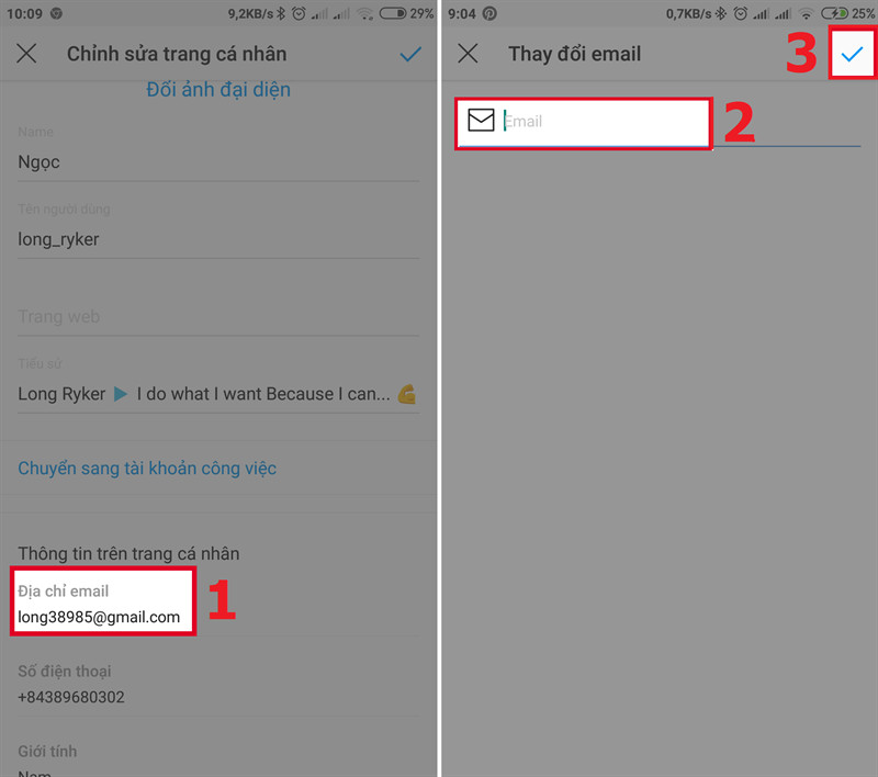 alt text: Giao diện chỉnh sửa địa chỉ email trên Instagram