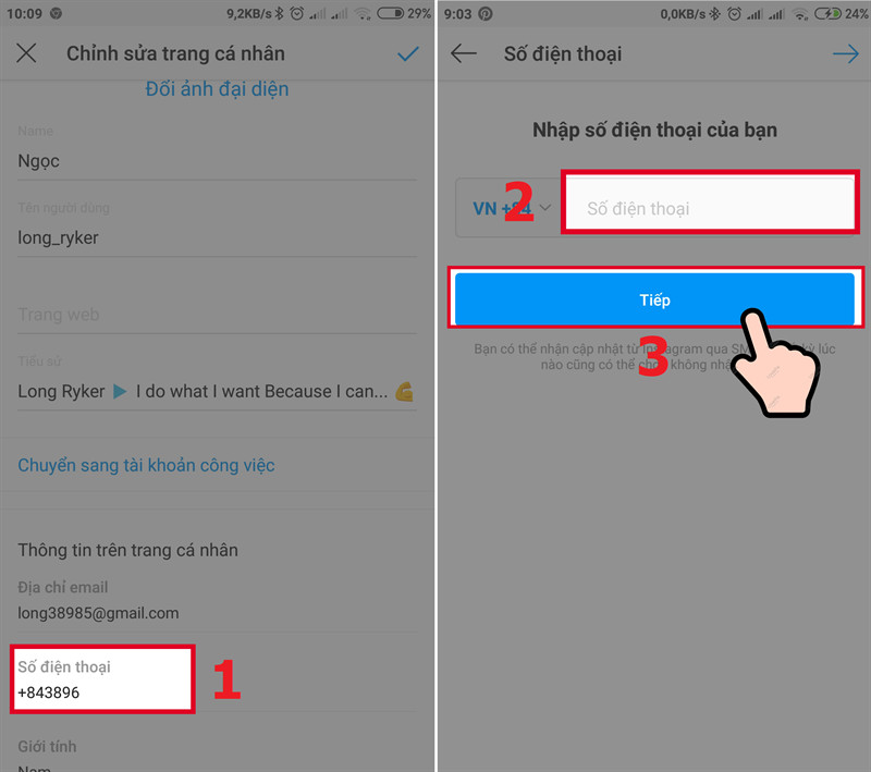 alt text: Giao diện chỉnh sửa số điện thoại trên Instagram