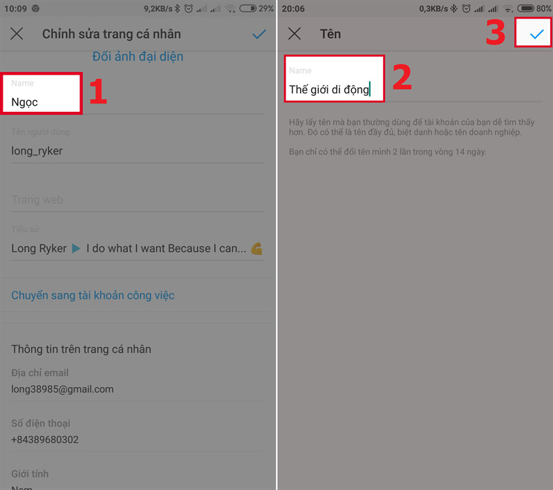 alt text: Giao diện chỉnh sửa tên hiển thị trên Instagram