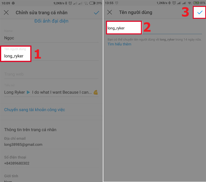 alt text: Giao diện chỉnh sửa tên người dùng trên Instagram